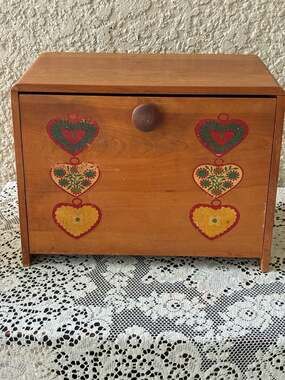Vintage Wooden Bread Box with Hearts